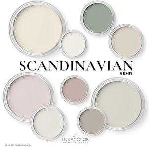 Peut inclure: Palette de couleurs de peinture scandinave de Behr, présentant 9 des 12 couleurs de la collection. Les couleurs comprennent des nuances de blanc, de beige, de gris et de rose.
