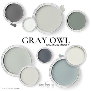 Könnte beinhalten: Eine Farbpalette mit neun Farben in verschiedenen Grautönen und Grüntönen. Die Palette trägt den Titel "Gray Owl" von Benjamin Moore. Der Text "(9 von 12 Farben gezeigt)" befindet sich am unteren Rand des Bildes.
