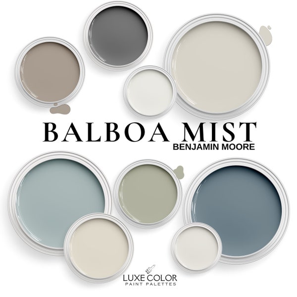 Benjamin Moore Balboa Mist Color Combinations with BM Collingwood, Steam, Benjamin Moore Paint for Cabinets, Walls, And Exterior Home.