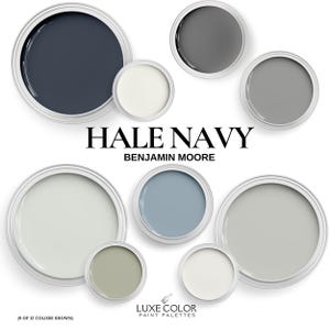 Benjamin Moore Hale Navy Color Palette, Paint Colors For Living Room, bedroom, bathroom and kitchen.