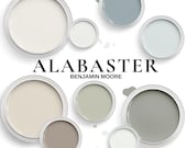 Alabaster Paint Benjamin Moore Color Palette for a living room, bedroom, and Kitchen. Color Scheme for Whole House.