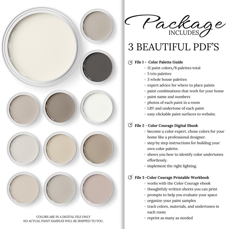 May include: A digital package of three PDF guides for choosing paint colours for your home. The package includes a colour palette guide, a digital ebook, and a printable workbook. The image shows paint colour samples and text describing the contents of each guide.
