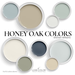 Honey Oak Color Palette, Sherwin Williams Paint Colors that can go with honey oak floors, oak trim, and oak cabinets.