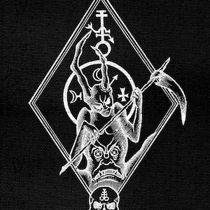 May include: A black and white illustration of a demon holding a scythe, with a skull and other occult symbols in the background.