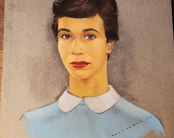 Original Mid Century Portrait Drawings Pair – Signed 1960 Chalk & Color Illustration – Vintage Studio Art
