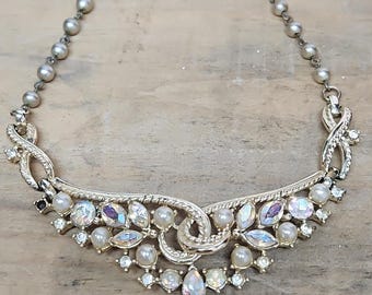 Vintage Aurora Borealis Rhinestone & Faux Pearl Necklace, Gold Tone Scroll Design, Mid Century Bridal Jewelry