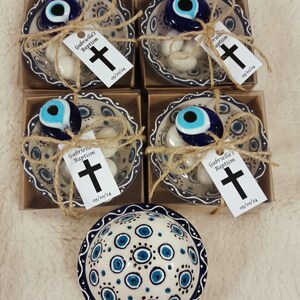 Evil Eye Baptism Favors, Wedding Favors, Evil Eye Ceramic Bowls, Baby Shower Favors with Free Kaufeta Candy, Christmas Gifts, Quinceanera