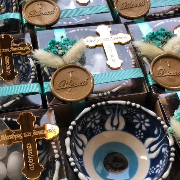 Baptism Favors Evil Eye Ceramic Bowls Confirmation Gift, First Holy Communion Favors with free koufeta candy