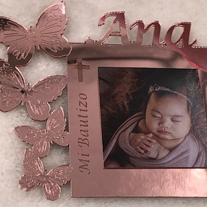 Butterfly Photo Frame Magnet with Box, Decoration and Photo, Rose Gold Quinceanera, Baptism, Birthday Party, Christening Memorial Gift