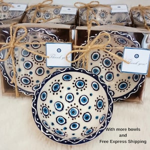 Evil Eye Wedding Favors, Evil Eye Ceramic Bowl Baptism Favors, Baby Shower Favors with Free Kaufeta Candy, Christmas Gifts, Quinceanera