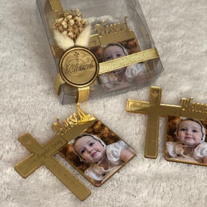 Baptism Photo Frame Magnet Baptism Favors  with Box and Photo, Christening Memorial Gift, Personalized Luxury Cross, Mi Bautizo