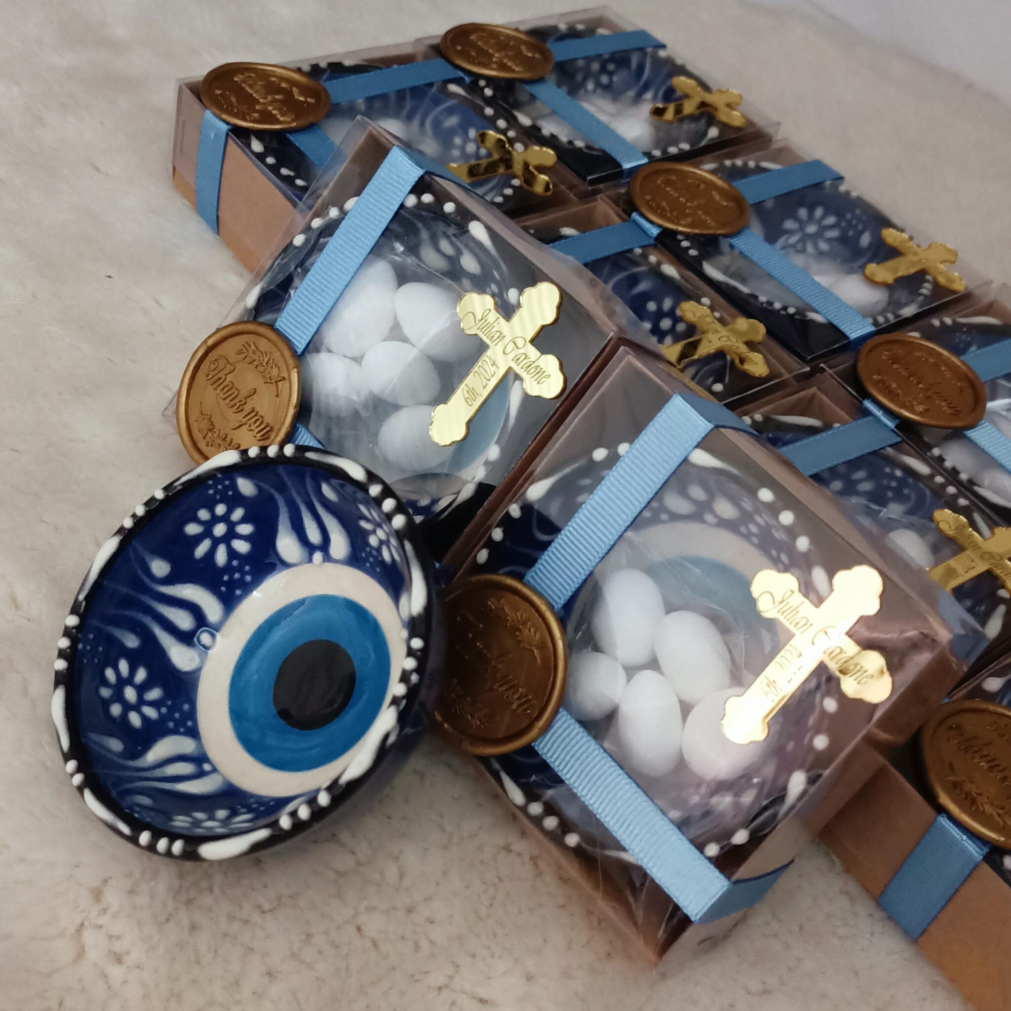 Baptism Favors Evil Eye Ceramic Bowls Confirmation Gift, First Holy Communion Favors with free koufeta candy