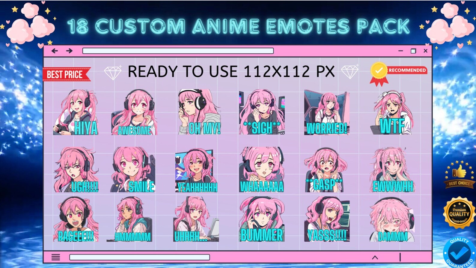 Pink Twitch Emotes Girly Pack 18 Cute Gaming Streaming Twitch Asset