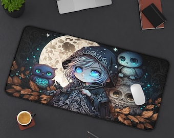 Kawaii Cute Anime Gothic Girl and Animals on a Full Moon Night Desk Mat