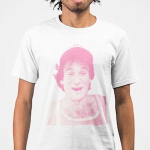 ROBIN Classic Fit AmplifyDestroy Print Tee Shirt Robin Williams Comedy Mens Womens White Vintage Movie 90s Retro Comedy Icon