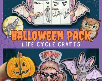 Halloween Life Cycle Pack | Grey Wolf, Bat, Pumpkin, Owl, Spider | Bundle of 5 | Science Activity For Kids | Montessori Spooky Crafts
