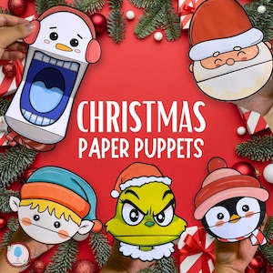 Puede incluir: Un conjunto de marionetas de papel de Navidad con un muñeco de nieve, Papá Noel, el Grinch y un pingüino. Las marionetas son coloridas y tienen un diseño festivo. El texto "Christmas Paper Puppets" está escrito en letras negritas sobre un fondo rojo.