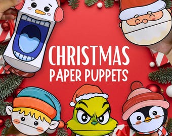 May include: A set of Christmas paper puppets featuring a snowman, Santa Claus, the Grinch, and a penguin. The puppets are colorful and have a festive design. The text "Christmas Paper Puppets" is written in bold letters on a red background.