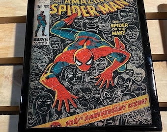 Upcycled Spider-Man Wood Art - Black Frame 9&quot;x12&quot;