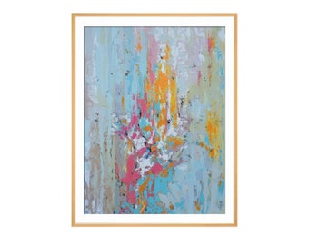 May include: Abstract painting in a light wooden frame. The artwork features a textured, colorful composition with vertical brushstrokes in shades of blue, orange, pink, and white. The painting has a modern, expressive style.