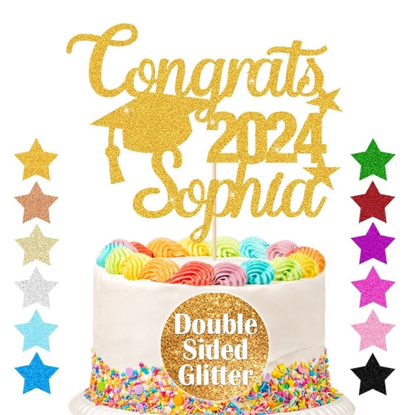 Personalised graduation cake topper 2024 Congrats Graduation Cake Topper | Double Sided Glitter Card Any Name Customized Multicolour Glitter