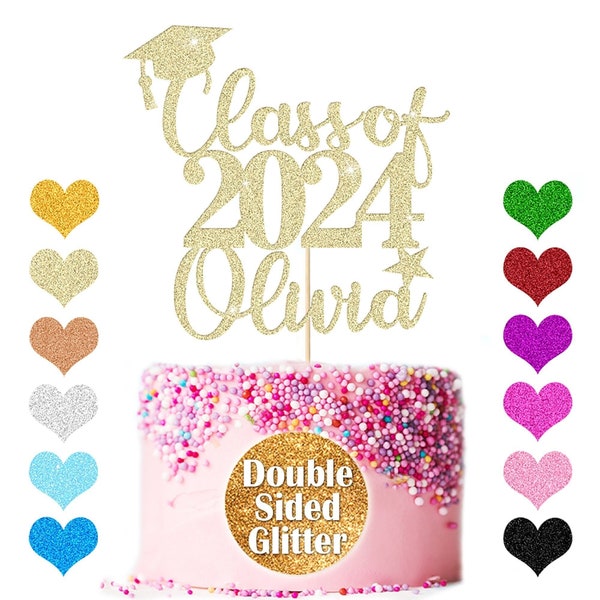 Personalised Cake Topper Custom Congrats Graduation Hat Student Class of 2024 Double Sided Glitter Card with Any Name