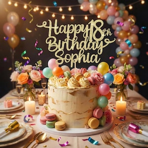 May include: A decorated birthday cake with macarons and balloons. The cake has a gold trim and is topped with a gold glitter sign that reads "Happy 18th Birthday Sophia". The table is set with plates, silverware, and candles.