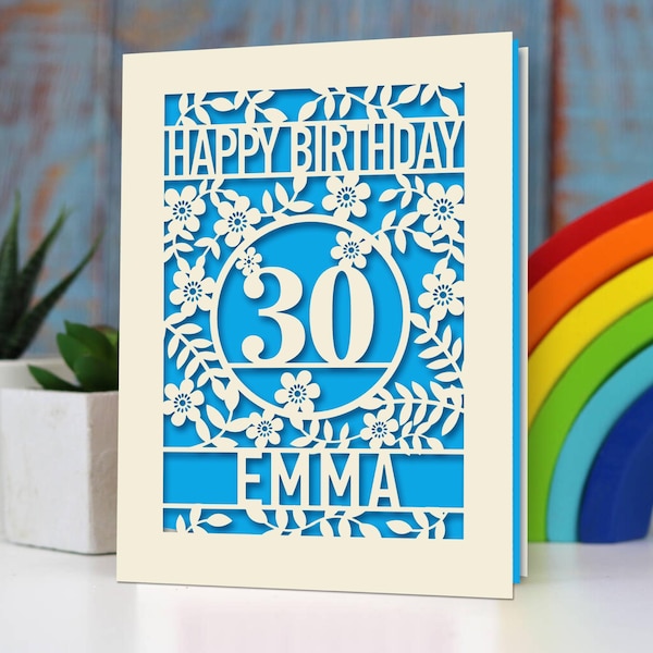 Tarjeta de feliz cumpleaños personalizada cortada en papel para él, ella, mujer, niña, niño y hombre. Regalo personalizado para cumpleaños número 16, 18, 21 y 30.