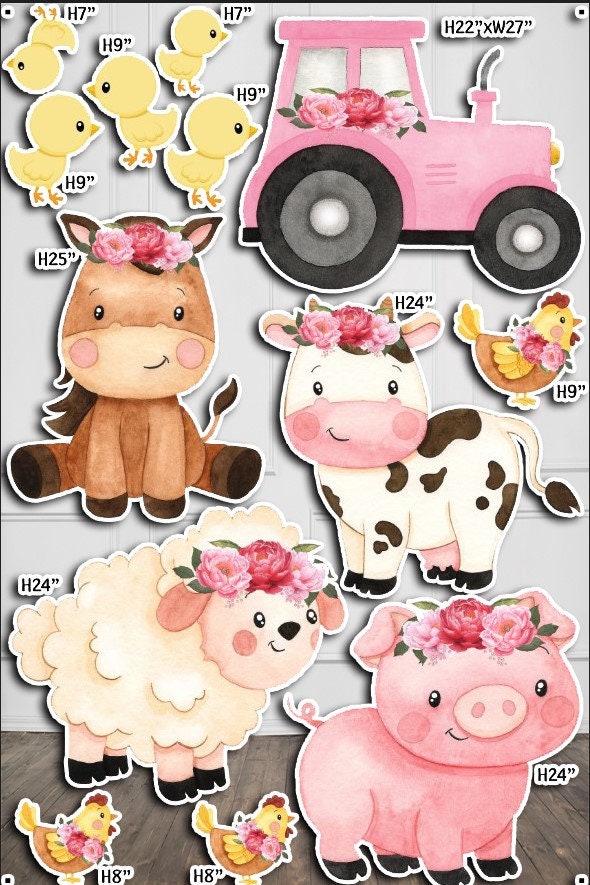 Farm Animals and Pink Tractor party, table decor, coroplast cutouts party decor, decoration props( no stakes or stands included)UP2658-3QS