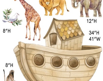 May include: A set of 10 wall decals featuring a wooden ark, a lion, a giraffe, an elephant, a monkey, and a dove. The ark is 34 inches high and 41 inches wide. The lion is 11 inches high. The giraffe is 23 inches high. The elephant is 12 inches high. The monkey is 8 inches high. The dove is 8 inches high. The decals are perfect for adding a whimsical touch to any child's room.