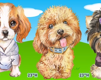 May include: Three adorable puppies wearing sweaters. A Cavalier King Charles Spaniel wearing a blue and white hoodie, a Poodle wearing a blue collar, and a Yorkshire Terrier wearing a purple sweater. Each puppy is 23 inches tall.