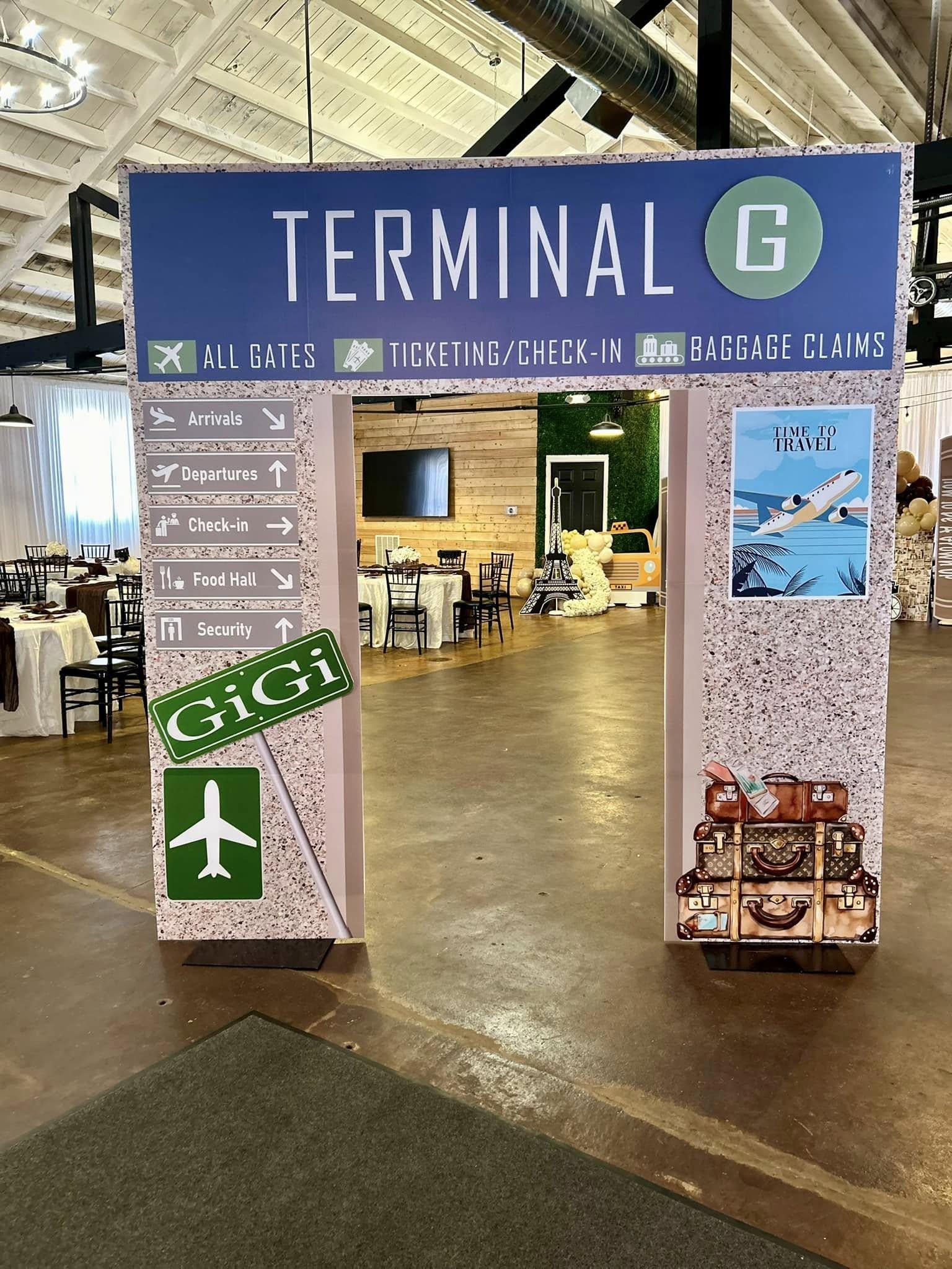 3 Piece Airport Terminal Travel walk thru, party props, airport props, travel props, coroplast props, plane (no stakes nor stands included)