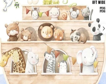 May include: A watercolor illustration of Noah's Ark with a variety of animals, including a giraffe, rhino, zebra, penguin, elephant, lion, bear, panda, and a dove with an olive branch. The ark is decorated with flags and bunting. The text "APPROX 8FT TALL 8FT WIDE PP245 PP246" is visible in the upper right corner of the image.