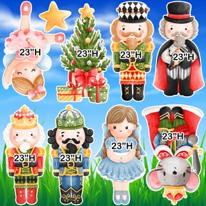 May include: A set of nine Christmas-themed cutouts featuring a ballerina, a Christmas tree, a nutcracker, a mouse, and a girl in a blue dress. Each cutout is 23 inches tall and features watercolor illustrations.