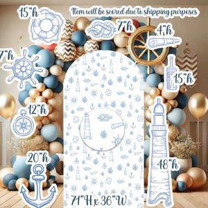 May include: A nautical themed backdrop for a party or photo booth. The backdrop is 71 inches high and 36 inches wide and features a white background with a blue pattern of anchors, lighthouses, compasses, and steering wheels. The backdrop is surrounded by blue and gold balloons.