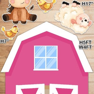 May include: A pink barn with a white window and white X-shaped doors. There are farm animals around the barn, including a cow, pig, sheep, horse, and chickens. The animals are all cartoon-style and have a watercolor look. The barn is 5 feet tall and 4 feet wide.