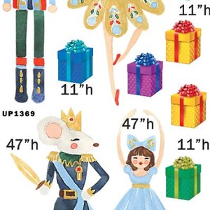 May include: A set of five Christmas ornaments featuring a nutcracker, a mouse king, and three ballerinas. The ornaments are painted in a whimsical style with bright colors and intricate details. The ornaments are 47 inches tall and 11 inches wide.