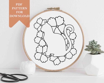 Floral Cat embroidery pattern pdf for instant download cat embroidery design cat with flowers cat lover hoop art hand embroidery template