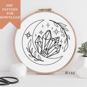 Mystical moon embroidery pdf pattern Crystals and flowers magical moon celestial hoop wall decor handmade hand embroidery spiritual