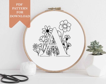 Floral alphabet embroidery design pattern for download wildflowers letter custom initial monogram embroidery Nursery decor baby name
