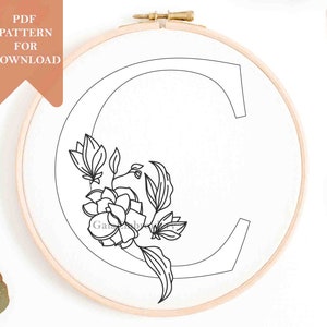 Floral Letter C embroidery pattern initial monogram alphabet custom personalised gift for her baby shower DIY handstitched hand embroidery