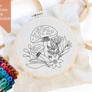 Cute mushroom embroidery pdf for instant download printable forest nusrsery DIY wall decor hoop kids craft beginner easy flowers