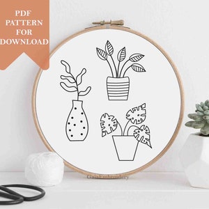 House Plants embroidery pattern pdf for instant download modern embroidery design flowers embroidery template wall decor plant lady gift