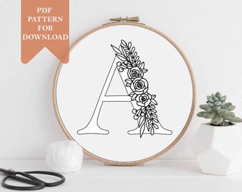 Floral alphabet embroidery pdf pattern for instant download letter embroidery design monogram inital wedding nursery baby shower gift