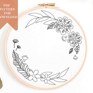 Floral wreath embroidery pattern digital download pdf template or KIT hoop wall decor spring nursery flowers garland DIY hand embroidery