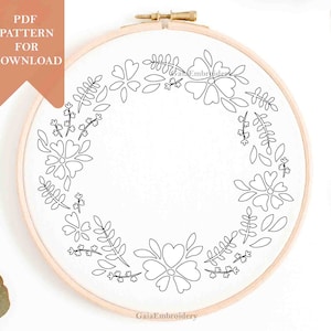 Floral wreath embroidery pattern for instant download hand embroidery designs template botanical flowers spring beginner DIY custom