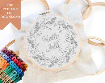 Christmas wreath embroidery pattern pdf for download template easy beginner hand embroidery hoop diy garland ornament decoration