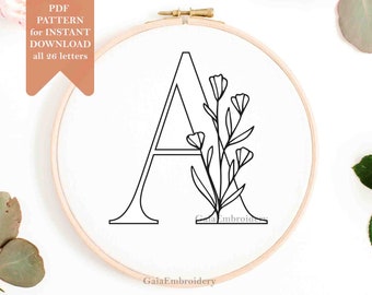Beginner hand embroidery pattern letter embroidery, monogram embroidery, floral embroidery, easy hand embroidery design, initial embroidery