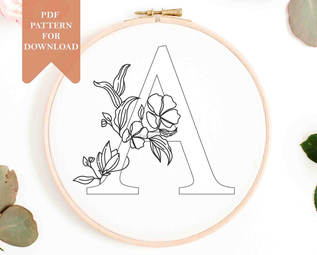floral-letter-embroidery-pattern-template-instant-download-pdf-for-transfer-initial-monogram-one-letter-only-diy-alphabet-hand-embroidery-etsy