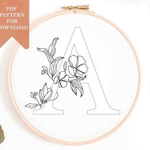Plantilla de patrón de bordado de letras florales descarga instantánea pdf para transferencia monograma inicial - Solo una letra- Bordado a mano con alfabeto DIY